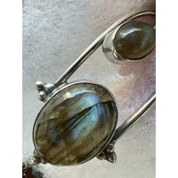 Lg Vtg Sterling Silver 925 2.5” Pendant Labradorite Iridescent Blue Gray Flash - Picture 2 of 10